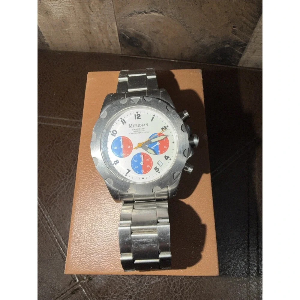 Meridian Men's Chronograph‎ Watch Stainless Steel White Dial 30M Water Resistant